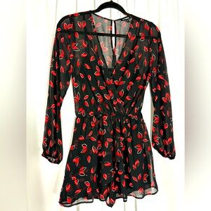 EXPRESS Black Red Sheer Floral Romper Dress X Small